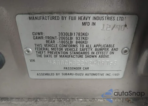 1991 Subaru Legacy L/Hx/Px/Rx из США, поврежденный, VIN 4S3BC6322M9609768